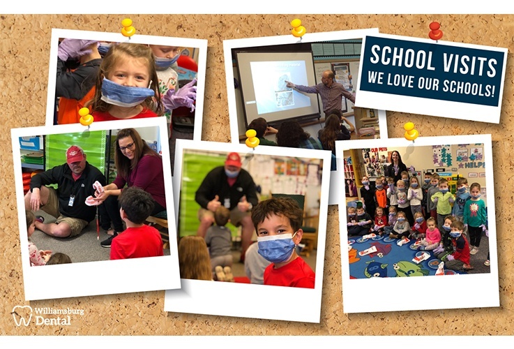 Collage of photos showing dental team members visiting local schools